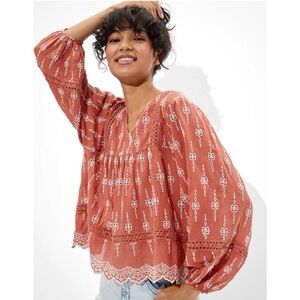 American Eagle blouse dusty red embroidered boho peasant oversized crochet